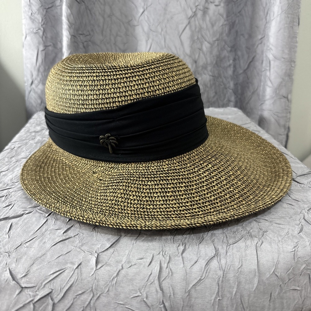 Sun N Sand UPF 50 Women Wide Visor & Band Straw Hat Black & Beige Adjustable